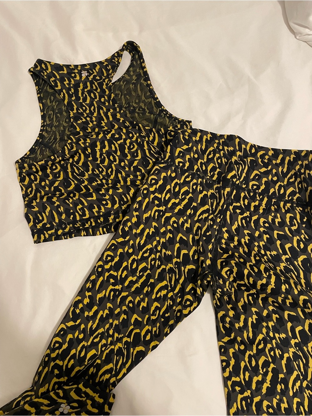 Sweaty Betty Black & Yellow Animal Print Active Crop Top and Leggings Set EUC